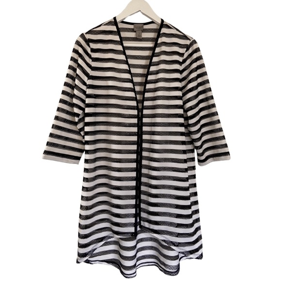 Chicos Easywear Black White Striped Asymmetrical Lace Cardigan Women’s M - Picture 1 of 11